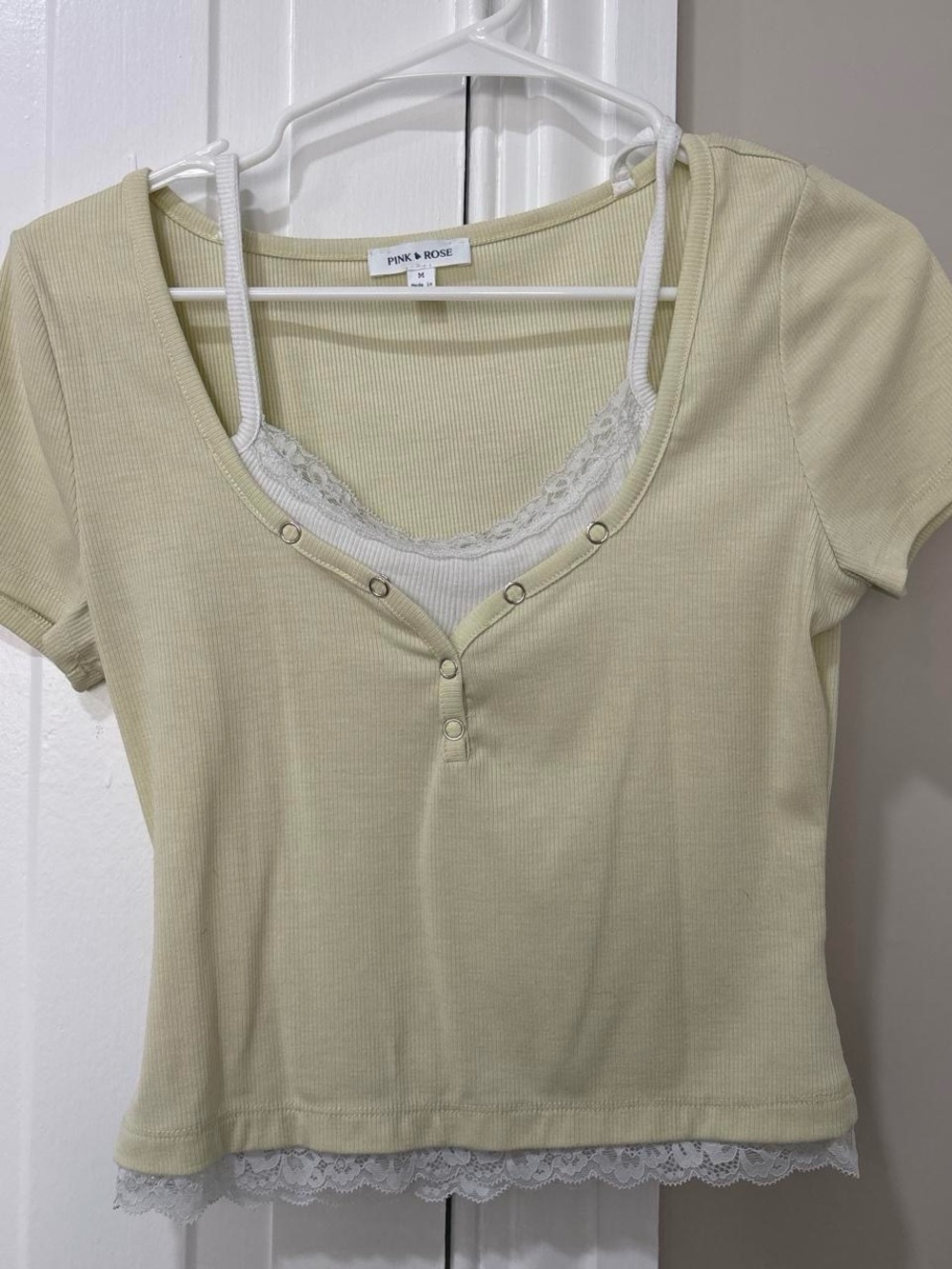 Pink Rose Pale Yellow Ribbed Scoop Neck Lace Trim Crop Top